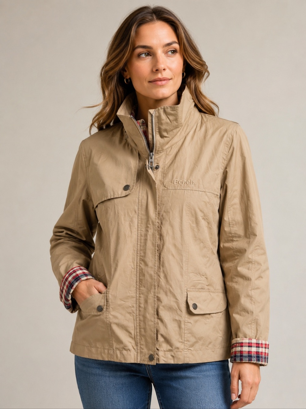 Bench Beige Jacket with Red and Navy Plaid Lining